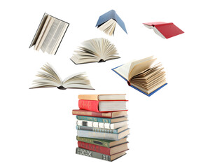 Books flying over stack on white background