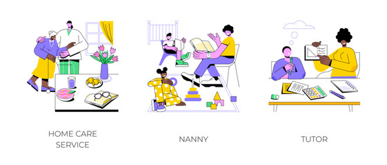 Caregiver services isolated cartoon vector illustrations set. Home care service for elderly, nursing assistance, professional nanny playing with kids, self-employed tutor teaching vector cartoon.