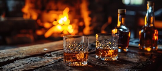 Fototapeta na wymiar Whiskey glasses and bottle near a fireplace.