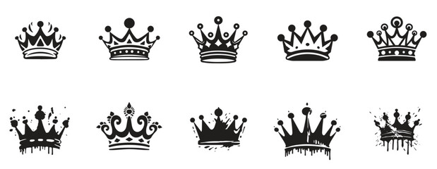 Set of crown icon. royal and queen icon black and white. logo for crown, paint splash style. sign and symbol. royalty vintage style white background. vector illustration - obrazy, fototapety, plakaty