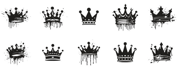 Set of crown icon. royal and queen icon black and white. logo for crown, paint splash style. sign and symbol. royalty vintage style white background. vector illustration - obrazy, fototapety, plakaty