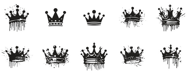 Fototapeta premium Set of crown icon. royal and queen icon black and white. logo for crown, paint splash style. sign and symbol. royalty vintage style white background. vector illustration