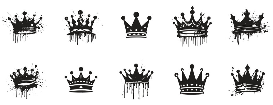 Set of crown icon. royal and queen icon black and white. logo for crown, paint splash style. sign and symbol. royalty vintage style white background. vector illustration