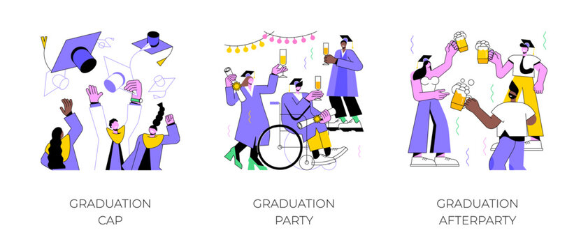 Graduation isolated cartoon vector illustrations set. Group of diverse happy students throwing up their caps, graduates celebrate at party, having fun at afterparty, getting diploma vector cartoon.
