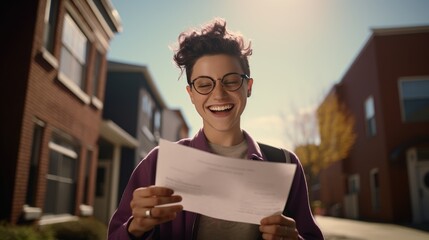 Excited non-binary high school senior receiving an acceptance letter to a university