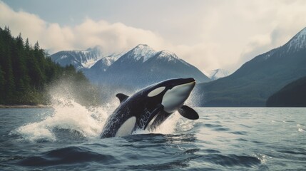 Killer whale breaching out of water - obrazy, fototapety, plakaty