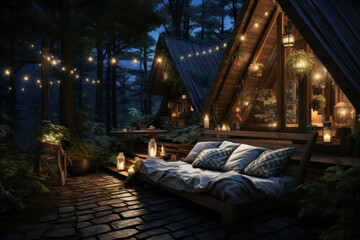 A cozy cabin in the woods adorned with celestial decorations, offering an intimate escape for a Valentine's Day getaway. Generative Ai.