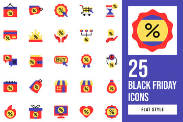Set of Black Friday Flat Icon Design Vector. monitor, award, cyber, discount, tag, calendar, click, badge, store, label, sale, buy, crown, money, bargain, heart, distribution, faq, sand, clock.