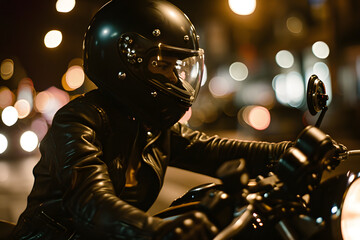 Biker in leather jacket and black helmet on motorcycle at night