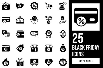 Set of Black Friday Glyph Icon Design Vector. monitor, award, cyber, discount, tag, calendar, click, badge, store, label, sale, buy, crown, money, bargain, heart, distribution, faq, sand, clock. - obrazy, fototapety, plakaty