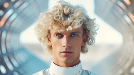 Photorealistic Adult White Man with Blond Curly Hair Futuristic Illustration. Portrait of a person with creative hairstyle in sci-fi movie style. Space-age Ai Generated Horizontal Illustration.
