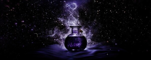 Bottle of magic potion glowing in darkness with mystery night starry sky on background. Glass vial with galaxy elixir. Fantasy substance, witch's bottled drinks