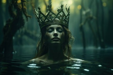 Fantasy woman river nymph, elf princess or mermaid. Princess floats on lake. Mythical female creature, Lady of the Lake. Magic character, spirit of the forest. Mystic witch girl. Fairy tail concept - obrazy, fototapety, plakaty