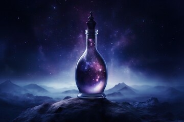 Bottle of magic potion glowing in darkness with mystery night starry sky on background. Glass vial with galaxy elixir. Fantasy substance, witch's bottled drinks