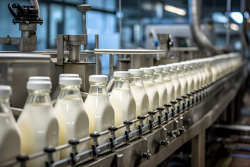 Milk bottles on a conveyor belt in a modern dairy plant