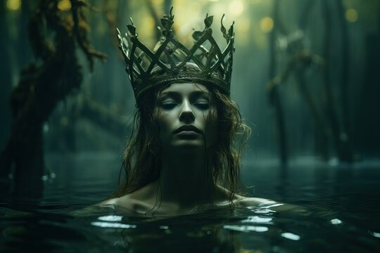 Fantasy woman river nymph, elf princess or mermaid. Princess floats on lake. Mythical female creature, Lady of the Lake. Magic character, spirit of the forest. Mystic witch girl. Fairy tail concept