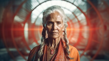 Obraz premium Photorealistic Old Indian Woman with Blond Straight Hair Futuristic Illustration. Portrait of a person with creative hairstyle in sci-fi movie style. Space-age Ai Generated Horizontal Illustration.