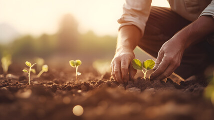 Farmer planting seedlings in the vegetable garden at sunset, Agriculture concept