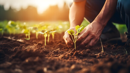 Closeup of male hands planting seedlings in fertile soil - obrazy, fototapety, plakaty