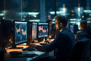 Businessman working on multiple computer monitors in office at night. Stock market trading concept - obrazy, fototapety, plakaty