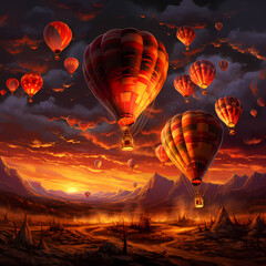 Cluster of hot air balloons drifting against a fiery sunset sky.
