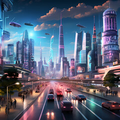 Fototapeta na wymiar Futuristic city skyline with holographic displays and bustling activity.