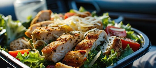 Quick lunch option in the car: tray of Caesar salad with fresh dressing, veggies, lettuce, and grilled chicken.