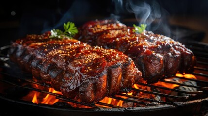 Realistic grilled barbeque with melted barbeque sauce and cut vegetables, black and blur background