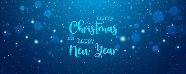 Merry Christmas and Happy New Year text on blue snowy Xmas background with glitter, bokeh. Holiday Xmas card. Vector Illustration