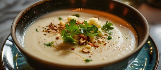 Almond-infused restaurant cauliflower soup.