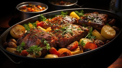 Fototapeta premium delicious pot roast meat with black and blur background