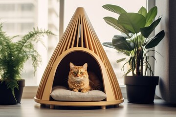 Cat in modern wooden cat house in living room. Light Scandinavian modern interior. Zero waste for animals. Eco friendly animal home. Background for pet shop