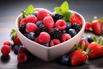 A heart-shaped bowl filled with colorful berries, highlighting the connection between a healthy diet and cardiovascular well-being. Generative Ai.