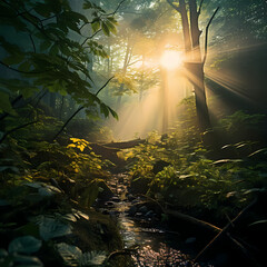 Sunlight piercing through the dense foliage of an enchanted forest.