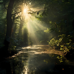 Sunlight piercing through the dense foliage of an enchanted forest.