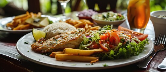 Costa Rican fish plate with salad, rice, bread, and fries. - obrazy, fototapety, plakaty