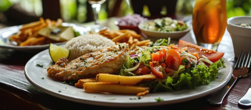 Costa Rican fish plate with salad, rice, bread, and fries.