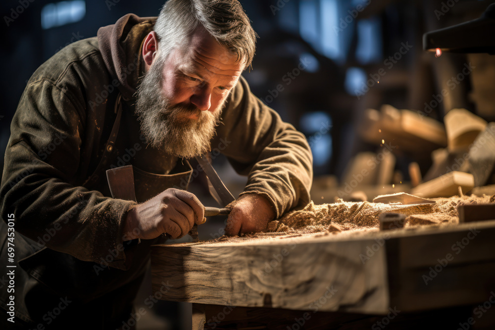 Poster a carpenter striking a chisel to shape wood, illustrating the skilled craftsmanship as a catalyst fo