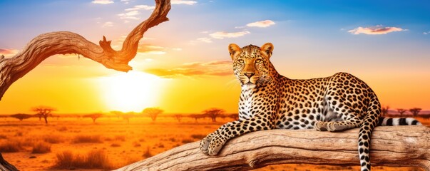 Leopard sitting in a tree against orange sunset. Panthera pardus, big spotted wild cat laying on the branch in the nature habitat. Africa, savannah. Wildlife concept - obrazy, fototapety, plakaty