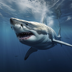 Naklejka premium Great White Shark swimming underwater in the ocean showing its teeth