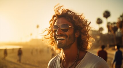 Photorealistic Adult Indian Man with Blond Curly Hair Illustration. Happy smiling person dancing on the beach. LA summer style Ai Generated Horizontal Illustration. - obrazy, fototapety, plakaty