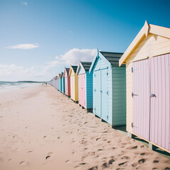 Obraz na płótnie Canvas Row of beach huts in vivid colors lining a sandy shore.