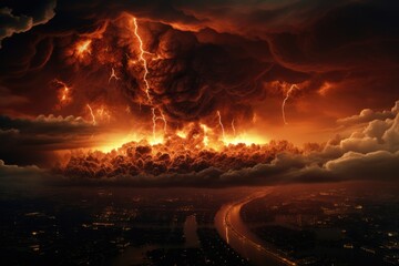 War and destroyed city with burning fire and smoke from earthquake, bomb explosion. Modern abandoned city devastated by explosion and chaos. Apocalypse concept. Doomsday, end of the world