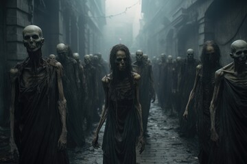 Crowd of aggressive decaying flesh eating zombies. Scary horror zombie apocalypse. Destroyed abandoned post apocalyptic background. Halloween concept
