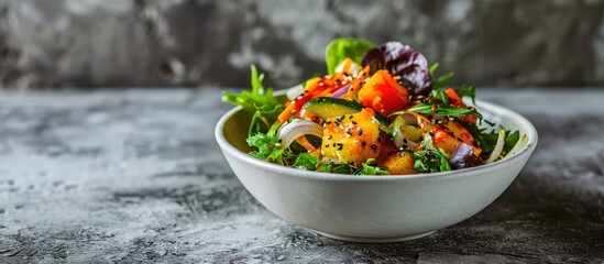 Spicy Korean salad in white bowl by concrete wall. - obrazy, fototapety, plakaty
