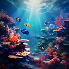 Fototapeta na wymiar Underwater scene with schools of tropical fish and vibrant coral.