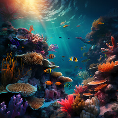Underwater scene with diverse marine life and vibrant coral reefs.