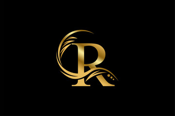 Gold letter R logo design with beautiful leaf, flower and feather ornaments. initial letter R. monogram R flourish. suitable for logos for boutiques, businesses, companies, beauty, offices, spas, etc - obrazy, fototapety, plakaty