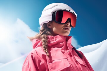 Girl snowboarder in stylish wear and protective glasses enjoy ski resort. Beautiful woman with ski helmet. Winter extreme sport, hobby. Weekend trip and relax concept