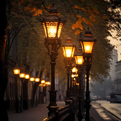 Fototapeta na wymiar Vintage street lamps casting a warm glow on a quiet city street.
